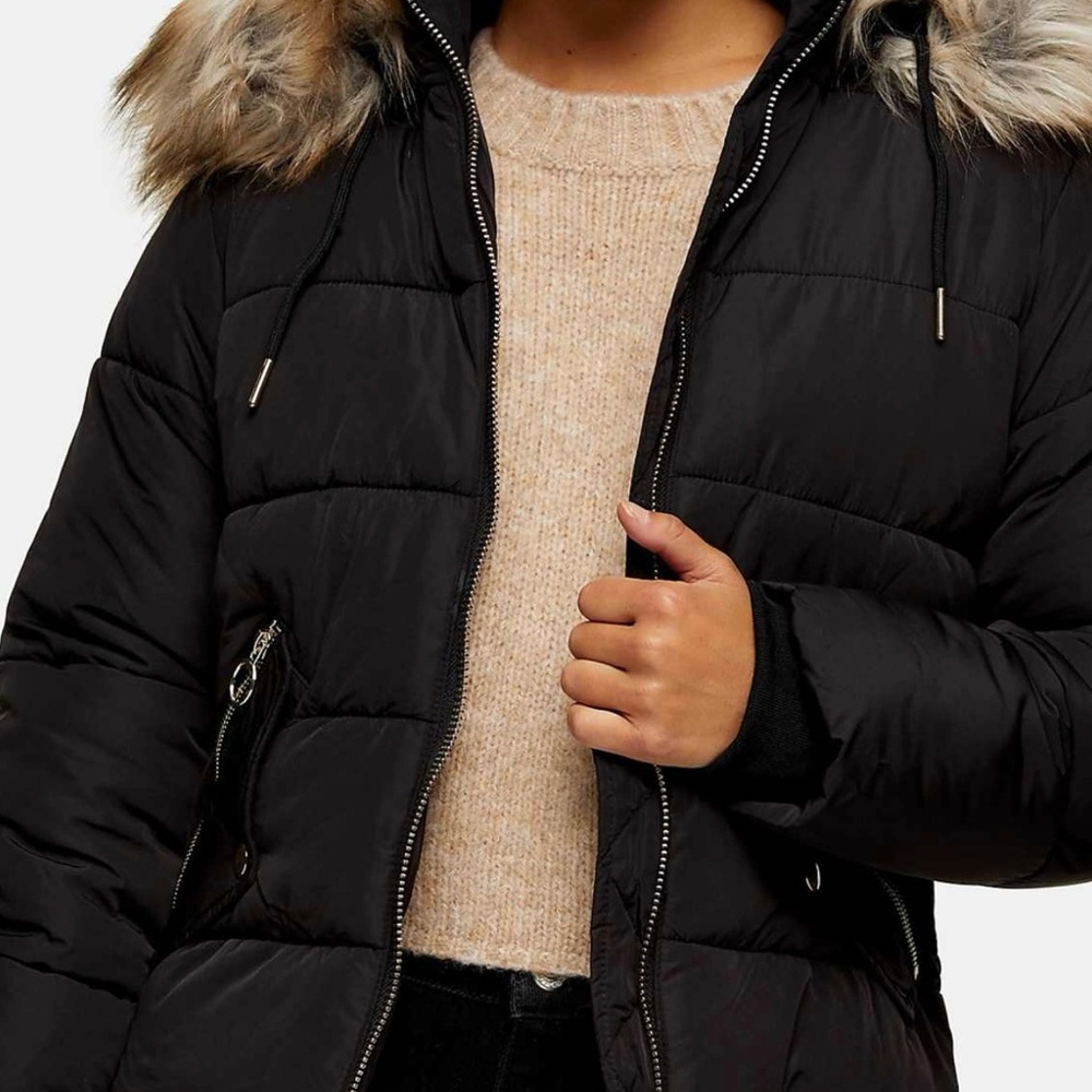 Topshop‎ Puffer Padded Jacket With Removable Faux Fur Trim Hood Black Sz 6 NWOT
